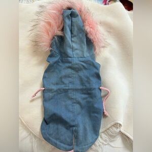 Canada Pooch- Denim Blue Dog Parka with Pink Fur Trim- Size Medium 🐾